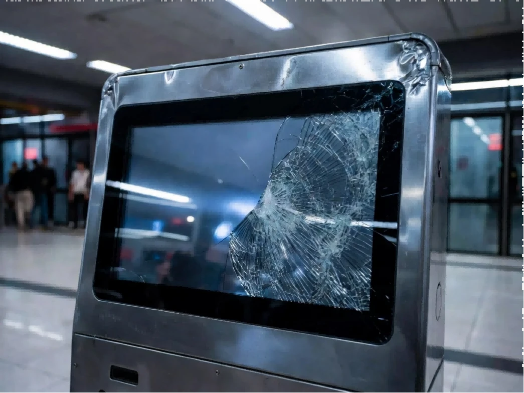 Broken touch screen kiosk in a transit station highlighting the critical need for a reliable touch screen kiosk supplier with full manufacturing control and traceability Broken touch screen kiosk in a transit station highlighting the critical need for a reliable touch screen kiosk supplier with full manufacturing control and traceability