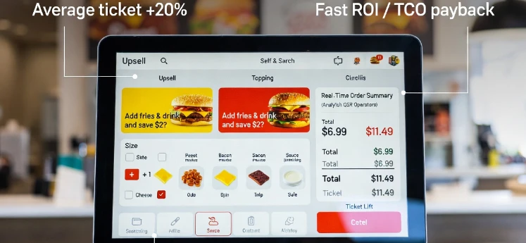 Restaurant self-service kiosk interface demonstrating upsell capture, modifier prompts, and ticket lift for QSR operators calculating total cost of ownership and ROI Restaurant self-service kiosk interface demonstrating upsell capture, modifier prompts, and ticket lift for QSR operators calculating total cost of ownership and ROI